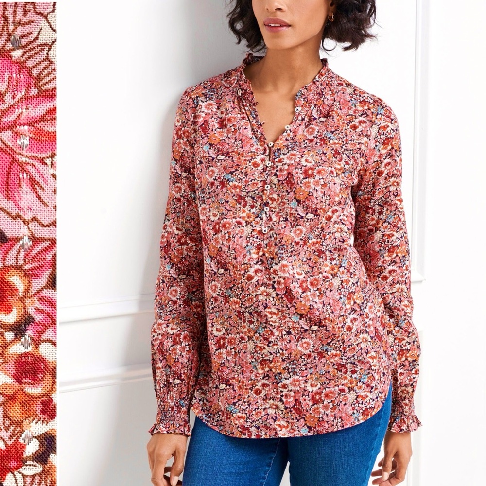 TALBOTS Blouse Ruffle Trim Floral Popover Buttons Long Sleeve Metallic Threads